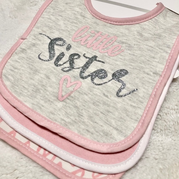 🆕3pk Baby Glitter LlTTLE SISTER Reversible Bibs - Picture 3 of 6